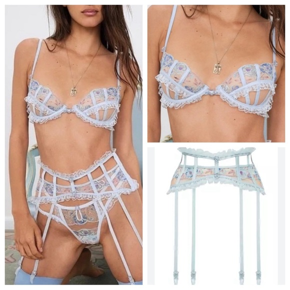 New! SET For Love & Lemons Sorbet Rose Bra & Matching Garter 31126